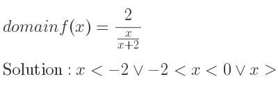 The domain of f(x)= 2/(\frac{x){x+2}} is x<-2\lor-2<x<0\lor x>0